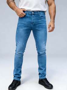 Nuevo 2025, Ropa masculina de alta calidad, azul, azul claro, azul oscuro, cintura media recta, pantalones vaqueros ajustados elásticos, ocio diario, reuniones de negocios, viajes de negocios, se puede usar en todas las estaciones, armarios necesarios, temperamento atmosférico - Lavado ligero - Ver 2