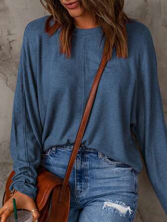 女士纯色优雅百搭圆领长袖针织衫，插肩袖宽松版型简约风格，适合日常通勤、休闲、居家、办公场合。