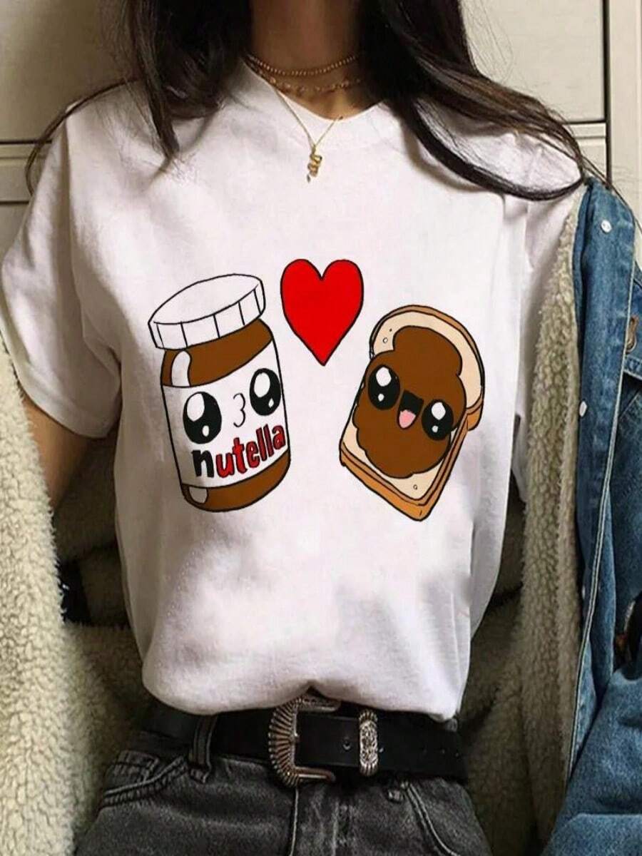 Nutellas Graphic Korean Style Original T-Shirt 90s Fashion Cute Cartoon Kawaii Casual Wear For Both Men And Women - 白色 - 查看 1
