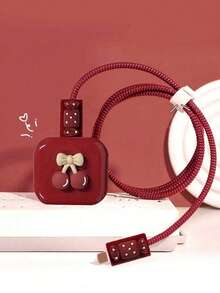 5pcs Cartoon Cherry Candy Charging Adapter Protective Cover & Data Cable Protective Cover, Compatible With 20W Apple UK Plug Fast Charging Accessories And Phone Accessories, Ideal Gift For Friends - Burgundy - View 4