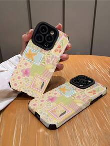1pc Floral & Seashell Pattern Vertical Striped Faux Leather Shockproof Anti-Fingerprint Phone Case Compatible With Apple And Models, Pink & Yellow - Multicolor - View 3
