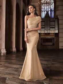 优雅女士渐变不对称领口水钻装饰正式礼服 - 杏色 - 查看 5