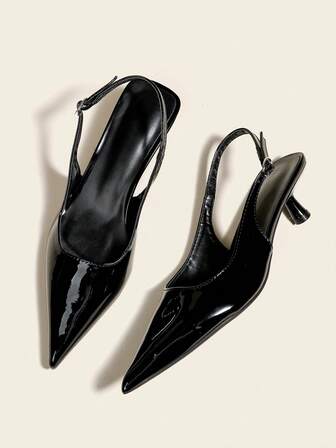 4cm Kitten Heel Black Pumps, Party High Heels, Formal Shoes With Buckle Strap, Slip-On Pointed Toe Stilettos