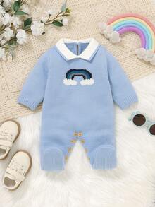 Sky Blue Newborn Sweater, Fashionable Rainbow Jacquard Collar Jumpsuit For Little Gentleman - Blue - View 2