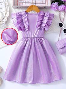 少女紫色珍珠拼接网纱无袖荷叶边收腰可爱甜美网纱连衣裙，夏季 - 紫色 - 查看 3