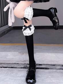 1双女士洛丽塔风格蕾丝边饰音符和高音谱号印花过膝袜，适合春夏派对穿着 - 黑色 - 查看 2