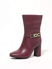 Burgundy Chain Buckle Slip-On High Heel Chunky Round Toe Elegant Versatile New Autumn/Winter Fashion Ankle Boots For Women - Burgundy - View 7