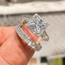 2pcs Luxury Women's Fashion Zirconia Ring Set Wedding Band Engagement Party Birthday Anniversary Christmas Gifts For Women Girlfriend Fine Jewelry - 銀色 - 查看 1
