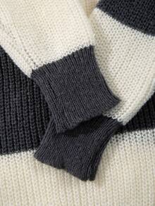 Men's Colorblock Striped Crew Neck Pullover Sweater, Minimalist High Street Style, Autumn/Winter - 灰色 - 查看 6