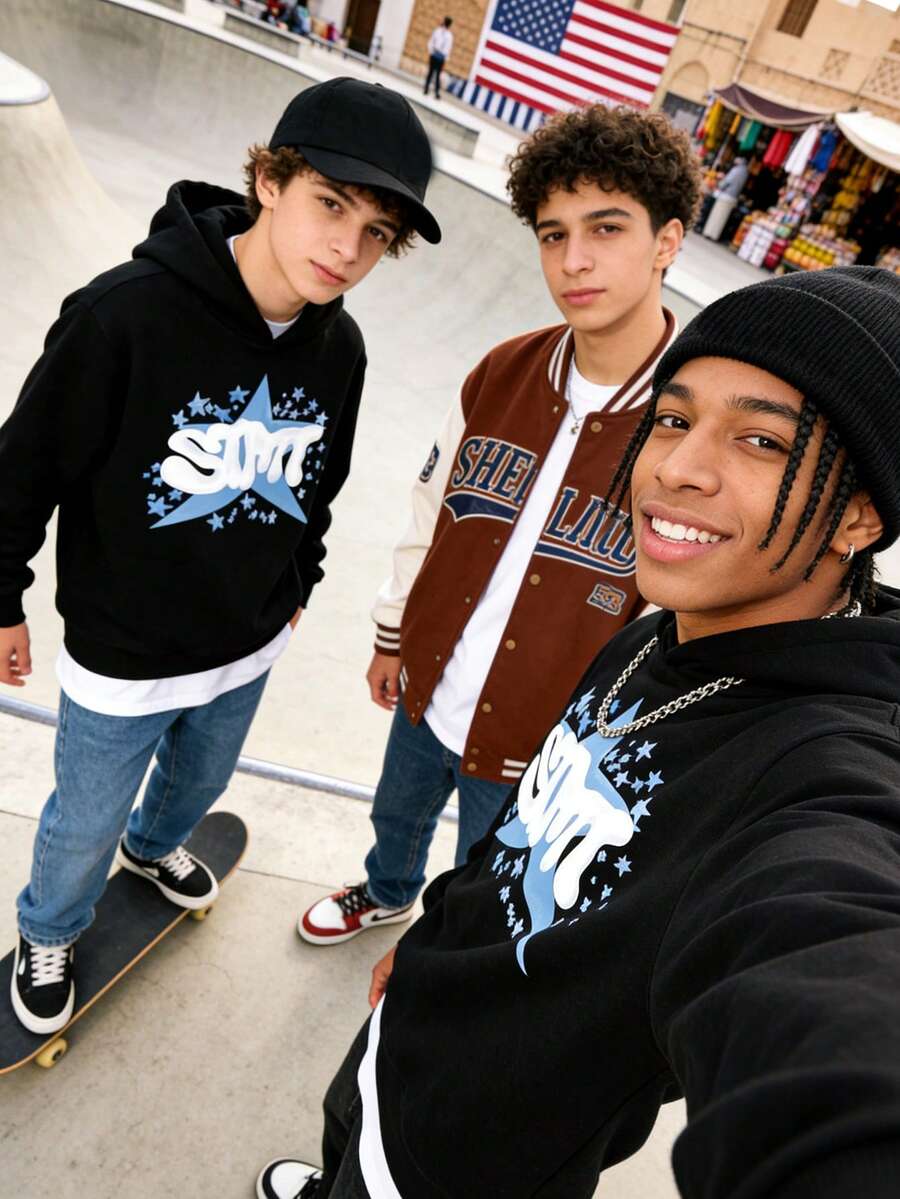 Fashionable And Versatile Teen Boys' Cute Cartoon Star & Smiling Face Print Hooded Sweatshirt, Thermal Lined, Hoodie, Teen Boys Gifts - Black - View 1