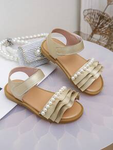 "Kids' Beige Pearl & Gold Ruffle Sandals: Elegant Flat Open-Toe Shoes For Parties & Daily Wear" - Gold - View 4