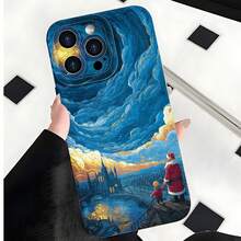 2026 nueva funda de teléfono esmerilada, funda de teléfono Van Gogh Noche Estrellada con Santa y Niño impresión artística para  17 15 Pro Max  17 14 Pro  17 13  Galaxy S23 S22 S21 funda de teléfono funda de pareja regalo para novio novia regalo de vacaciones - Negro - Ver 3