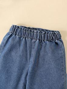 Bộ trang phục mùa hè cho bé gái - Áo denim nhún bèo không tay kết hợp với quần short denim giặt thường ngày viền ren, thích hợp cho du lịch mùa hè, đi biển hoặc mặc hàng ngày - Rửa trung bình - Xem 6