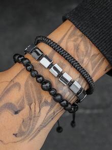 3pcs/Set Fashionable Men's Cube Beaded Handmade Bracelet Set, Multi-Layer Stacking Jewelry Accessories, Boyfriend Gift - Multicolor - View 8