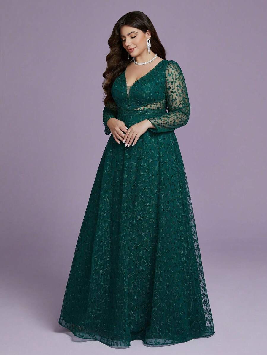 V-Neck Embroidered Lace Long-Sleeved Waist See-Through Lace High-End Evening Dress - Green - View 1