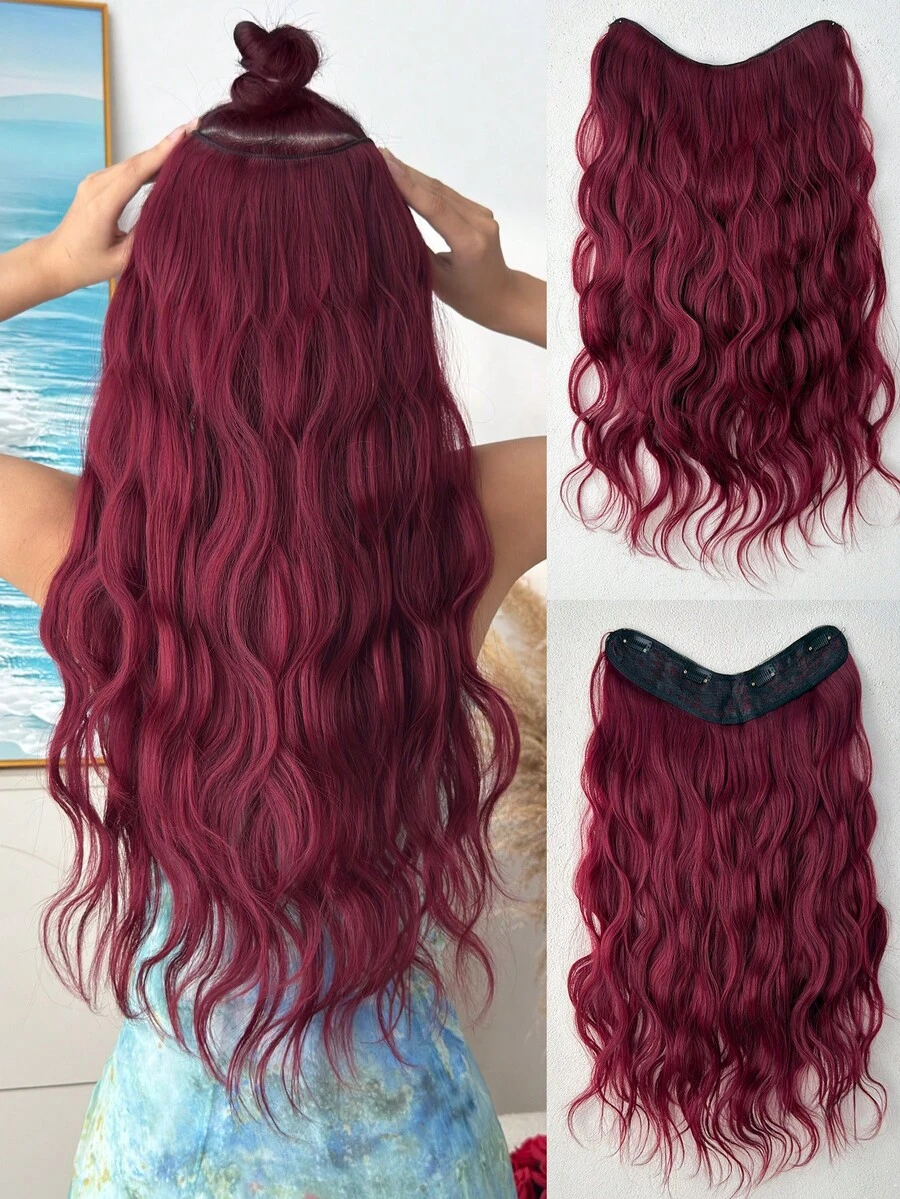 26 Inch V-Shaped Clip-In Synthetic Hair Extensions, Burgundy, Water Wave Texture, Suitable For Women & Girls, For Party & Daily Wear