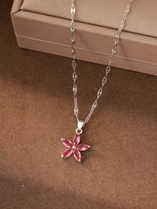 1 件时尚清新五角花瓣方晶锆石吊坠女式锁骨链情人节