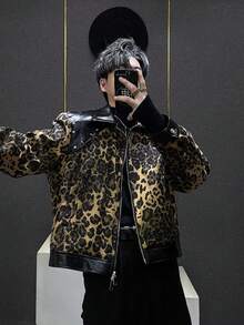 New Autumn And Winter Styles, Street Style, Patchwork, PU Leather, Starry Sky, American Style, Retro, High-End, Leopard Print, Handsome, Men's Jacket, Men's Coat, Couple Style - 豹紋色 - 查看 2