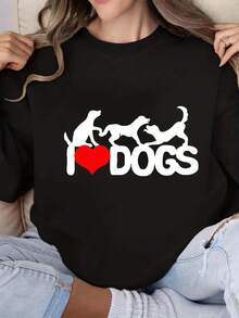 Women's  ' I Love Dogs Crewneck Sweatshirt  Black  Gray Casual Pullover With White Dog Silhouettes  Heart Print, AllSeason Cozy Sweater For Dog Lovers, Machine Washable Pet Owner Apparel - 黑色 - 查看 1