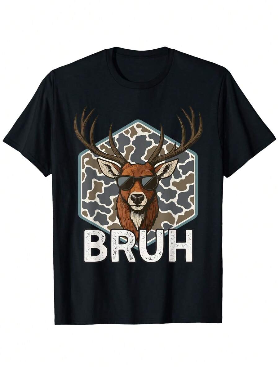 Brother Deer Hunter Hunting Camouflage T-Shirt - Boys And Girls Deer With BRUH Letter Pattern, Soft And Breathable Loose T-Shirt, Suitable For Outdoor And Casual Wear All Year Round, Ideal Birthday/Christmas Gift For Young Hunters (Camouflage Pattern, Short Sleeve) - 黑色 - 查看 1