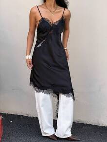 DEEKA 夏季新款女士时尚性感不对称蕾丝连衣裙，欧美风格，适合派对、新年等场合，黑色连衣裙，优雅大方 - 黑色 - 查看 2