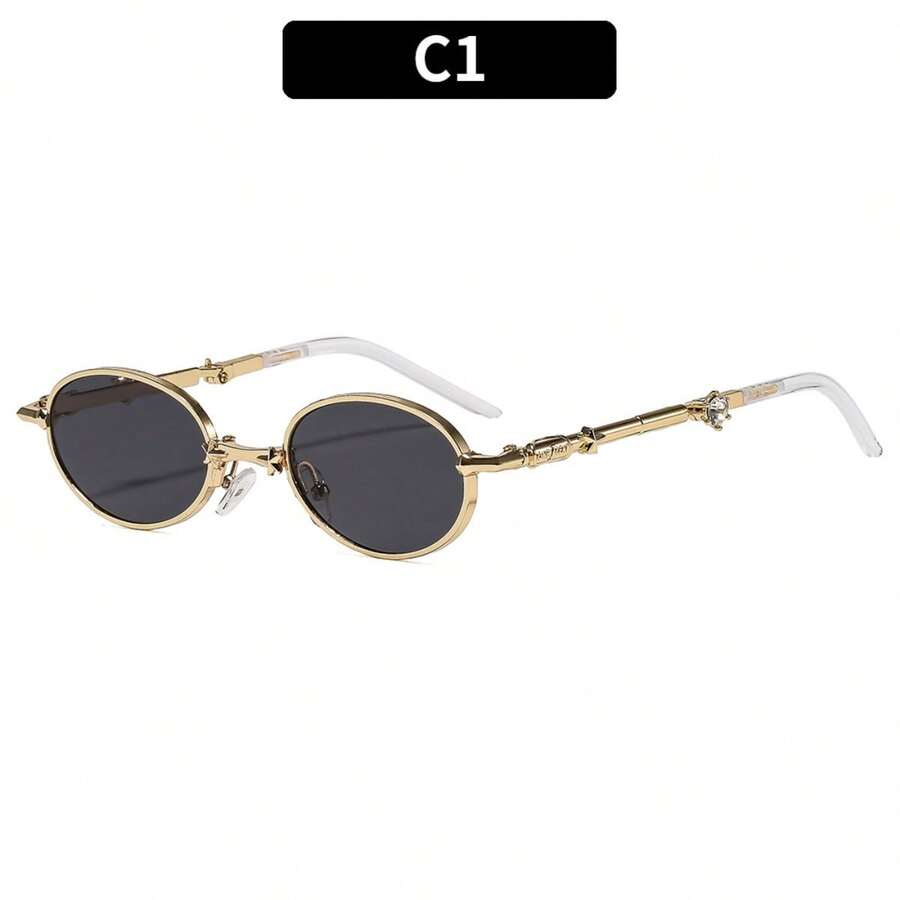 1 Piece/Set Fashionable Folding Women's Sunglasses Metal Oval Frames With Diamond Accents New Arrivals Travel-Friendly Street Style Multi-Functional Sunglasses - C1-金色鏡框灰色鏡片 - 查看 1
