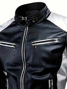 AHTELB Men's PU Leather Jacket, Casual Outdoor Sports Riding Jacket With Stand Collar And Contrast Color - Black - View 4