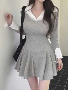 优雅女士二合一翻领束腰连衣裙 春季款 - 灰色 - 查看 5