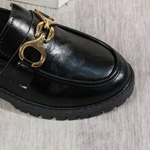 Women's Loafers Flat Shoes, Collegiate Style Pure Metal Buckle Office Wear Black Shoes, Round Toe Chunky Heel Slip-On Mid-Top Shoes - Black - View 7