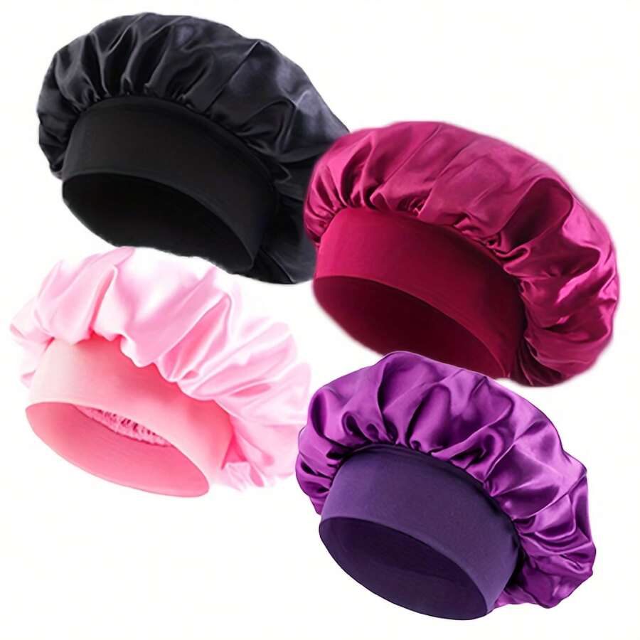 4pcs Soft Satin Knit Beanie Caps - Elastic Wide Band For Night Sleep, Hair Protection |   Lightweight, Breathable, One Size Fits All - Black+Burgundy+Pink+Purple - View 1