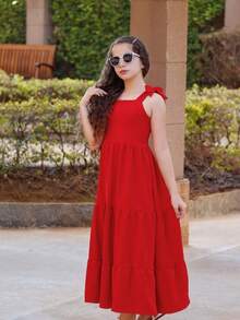 VESTIDO INFANTIL JUVENIL MENINAS ADOLESCENTES ALÇA DE AMARRAR VESTIDO EN CAMADAS TRÊS MARIAS - Vermelho - Visão 1