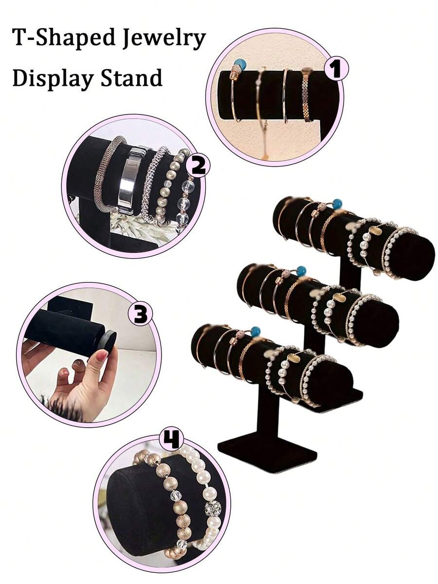 1pc T-Shape Bracelet Display Stand, Velvet Bangle/Watch Holder, Jewelry Storage Rack, Wooden Base Necklace Bracelet Pendant Organizer, Fashionable Women Desk Decor Storage Rack, Suitable For Home Decor, Back To School Gift, Valentine's Day Gift,Room Decor - Multicolor - View 1