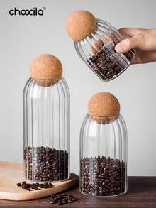1 pièce Bocal en verre pour le stockage du café, bocal à thé, bocal en verre avec bouchon en liège hermétique pour le stockage des grains de café et des fruits secs - Boîte de haricots farcie boule en bois - Voir 4