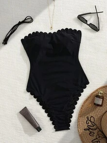 Sultry Sol 女士可爱扇贝边比基尼套装 2 件 | 夏季沙滩泳池泳装纯色速干性感两件套比基尼泳装​​ - 黑色 - 查看 3