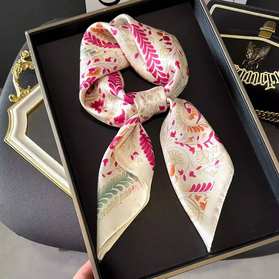 1pc 27.5inch Elegant Floral Print Women's Satin Square Scarf - Soft And Suitable For Casual Outings In Bright Red, Pink, Orange, And Green Headband Accessories - 彩色 - 查看 1