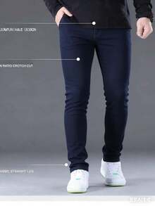 Nuevo 2025, Ropa masculina de alta calidad, azul, azul claro, azul oscuro, cintura media recta, pantalones vaqueros ajustados elásticos, ocio diario, reuniones de negocios, viajes de negocios, se puede usar en todas las estaciones, armarios necesarios, temperamento atmosférico - Azul lavado oscuro - Ver 1