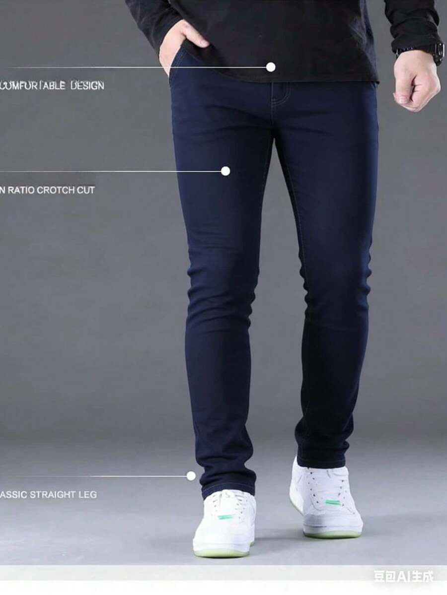 Nuevo 2025, Ropa masculina de alta calidad, azul, azul claro, azul oscuro, cintura media recta, pantalones vaqueros ajustados elásticos, ocio diario, reuniones de negocios, viajes de negocios, se puede usar en todas las estaciones, armarios necesarios, temperamento atmosférico - Azul lavado oscuro - Ver 1