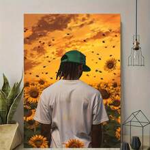 1pc,Modern Sunflower Canvas Wall Art, Golden Sunset Scene With Bees & Figure, Aesthetic Nature Print For Living Room, Bedroom Decor, Stretched Frame Artwork - 彩色 - 查看 2