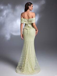 AMILUCK 新款奢华高端时尚年轻优雅女士亮片蕾丝缎面露肩荷叶边美人鱼尾长裙，正式晚宴派对红毯婚礼宾客礼服 春季 - 淡黃色 - 查看 3