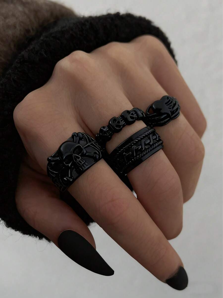 4pcs Gothic Style Skeleton Head Rings, Multi-Element Stackable Black Ring Set For Women - Black - View 1
