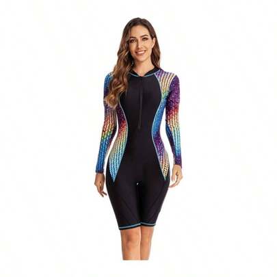 BEACHKINI Traje de Bao de Una Pieza para Mujer Traje de Bao Manga Larga con Cremallera Fronta