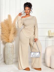BIUBIU Plus Size Women Casual Asymmetric Shoulder Striped Top + High Waist Wide Leg Pants 2 Pieces Set, Warm & Slimming For Autumn/Winter