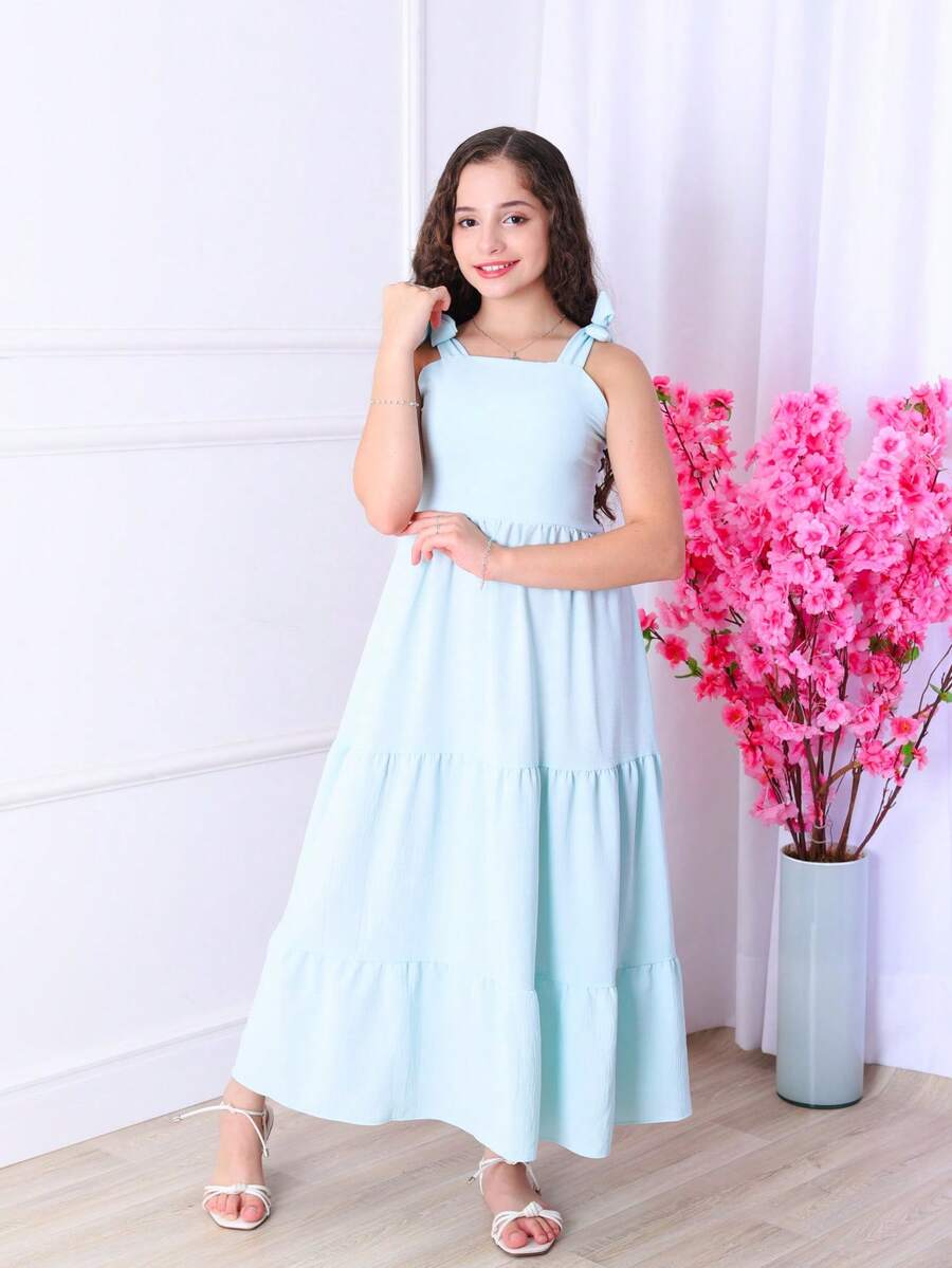 Girls' Long Three-Tiered Dress With Straps | Duna Fabric | Elastic Back | Sizes 12 To 16 - 淺藍色 - 查看 1