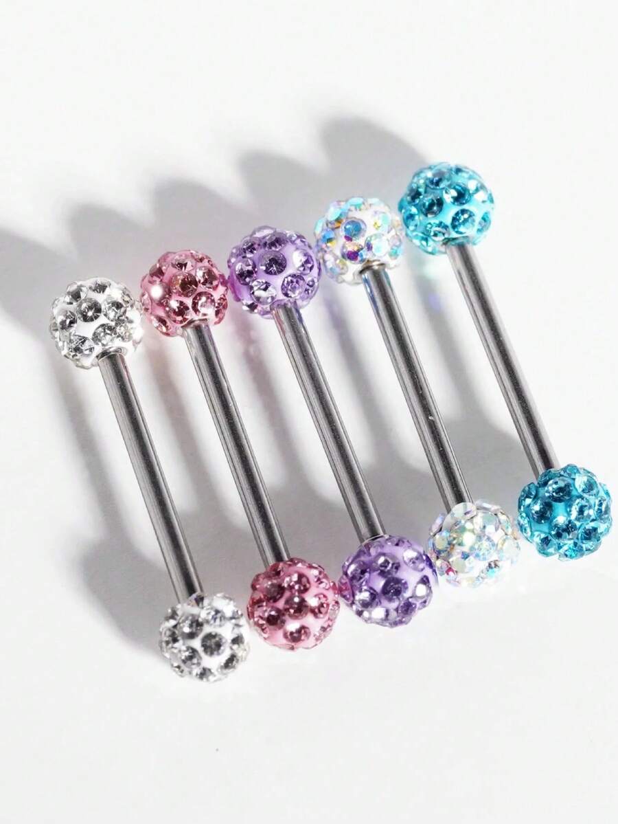 5个简约闪亮水晶球舌钉/舌环，适合女性日常佩戴