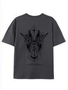 Men's Knit T-Shirt With Wing Eye Print, Casual Round Neck Short Sleeve T-Shirt - Grey - View 3