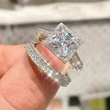 2pcs Luxury Women's Fashion Zirconia Ring Set Wedding Band Engagement Party Birthday Anniversary Christmas Gifts For Women Girlfriend Fine Jewelry - 銀色 - 查看 7