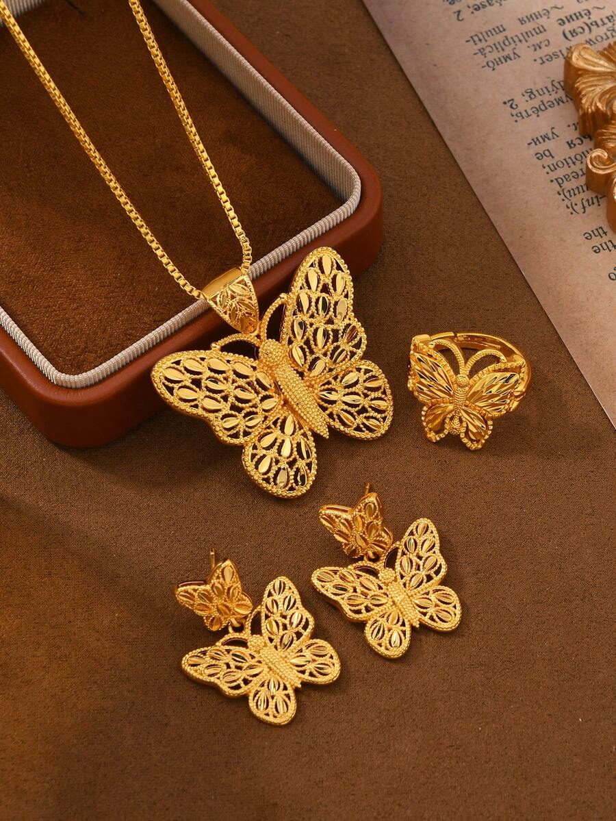 Bộ trang sức bướm bằng đồng sang trọng 3 món | Thiết kế bướm 3D với họa tiết tinh tế, vòng cổ, hoa tai, nhẫn, quà tặng cho phái nữ trong những dịp quan trọng - Vàng - Xem 1