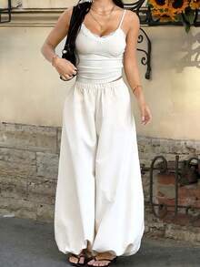Women's White Drawstring Wide Leg Palazzo Pants, Elastic Waist, Loose Fit, Suitable For Beach, Vacation, Casual Everyday Wear - White - View 6