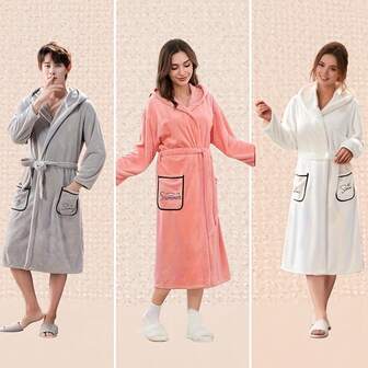 1pc Wearable Hat Women's Bathrobe, Pocket Embroidery, Wearable Wrapped Couple Bath Towel, Moisture Absorbing Quick Drying Home Clothes, Autumn And Winter Coral Fleece Thick Long Yukata, Suitable For Families, Hotels, Bathrooms, Bedrooms, Hot Spring Swimming Pools, Seasonal Holiday Gifts