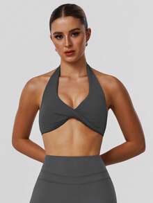 Sodalemon Women's Twist Back Workout Top, V-Neck Padded Solid Color Yoga Casual Sports Bra Spring - Xám - Xem 4